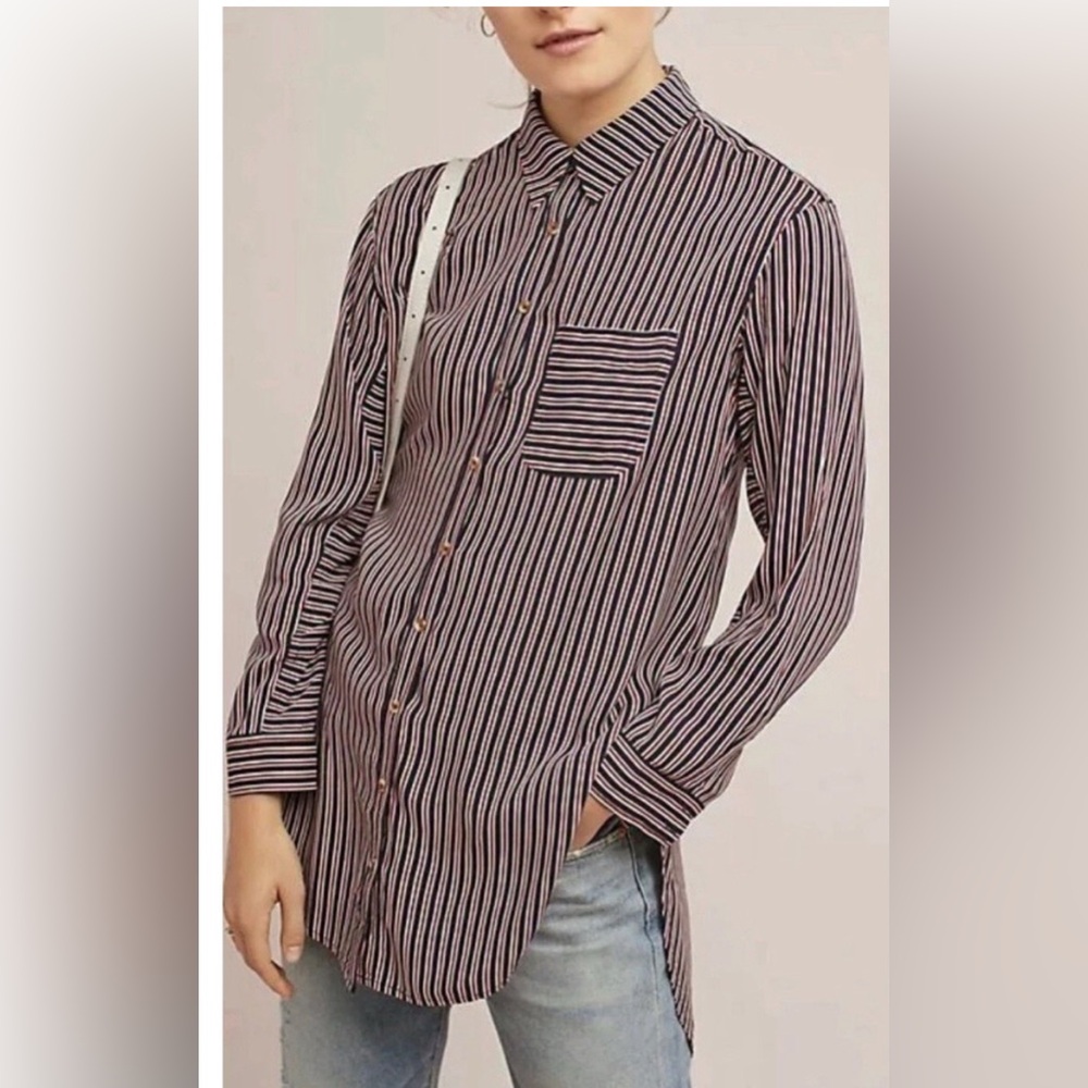 Anthropologie Maeve Women’s Adelaide Navy Red Striped Button Front Shirt Large